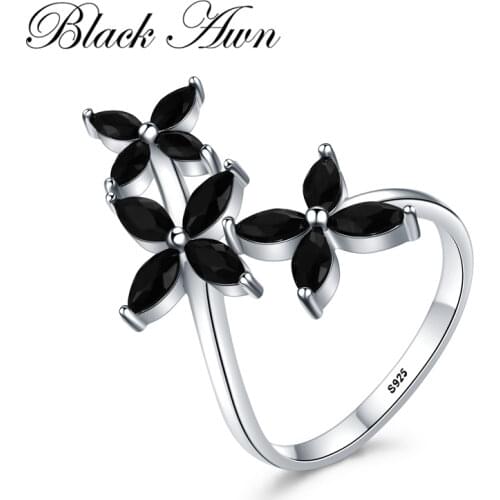 [BLACK AWN] 925 Sterling Silver Jewelry Rings for Women Black Spinel Flower Finger Ring Silver 925 Jewelry G069