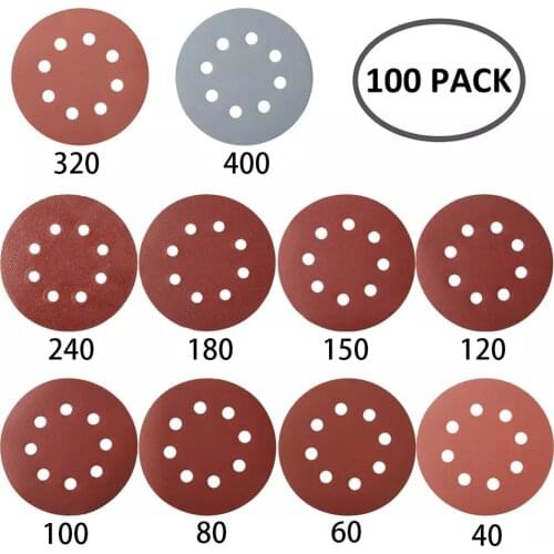 100pcs 5 Inch 125mm Round Sandpaper Eight Hole Disk Sand Sheets Grit 40-400 Hook and Loop Sanding Disc Polish