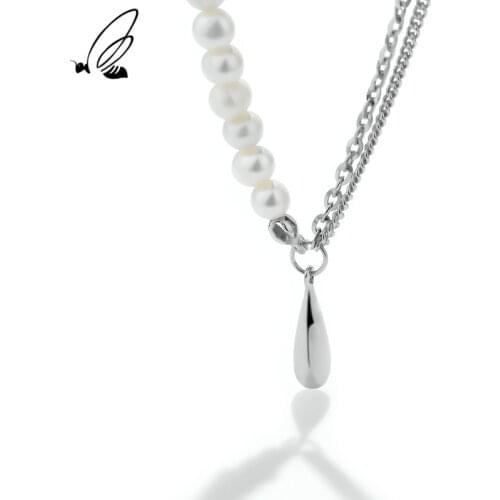 SSTEEL Sterling Silver 925 Water Drop Pendant Necklace Gifts For Women Statement Freshwater Pearl Chain Accessories Jewellery