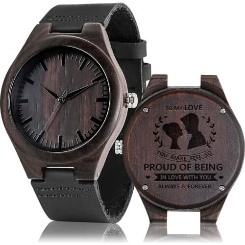 YISUYA Ebony Case Wooden Watches Quartz Leather Wristwatch To My Love Pattern Personalized Text Birthday Gift for Lover Husband