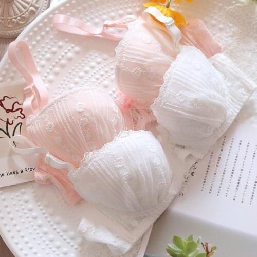 Wriufred Girls underwear fresh and sweet embroidered flowers lace gathered lingerie set with steel ring big cup bra set