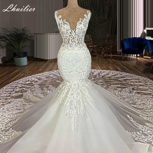 Lhuilier Womens Mermaid Lace Wedding Dresses 2021 Illusion Neck Floor Length Sleeveless Bridal Dress with Cathedral Train