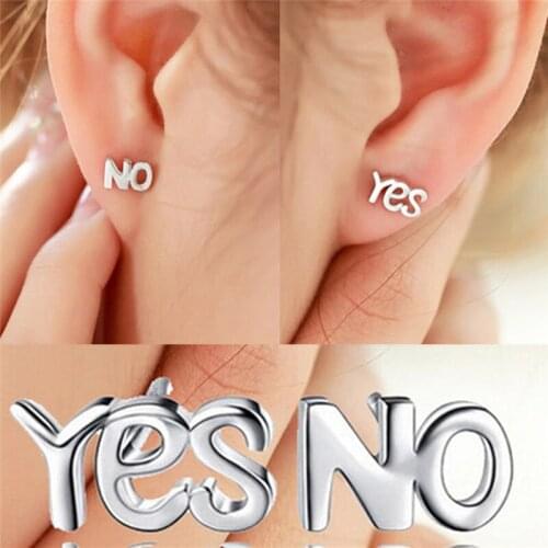 Lovely Silver YES NO Earrings Simple Chic Letters Mini Ear Stud Earrings