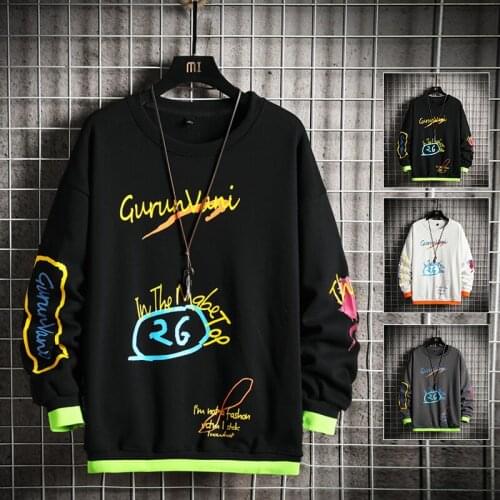 Men Hip Hop Patchwork Tops Streetwear Autumn Harajuku Pullover Sweatshirts Korean Black Hoody Fashion Oversized Funny Hoodie