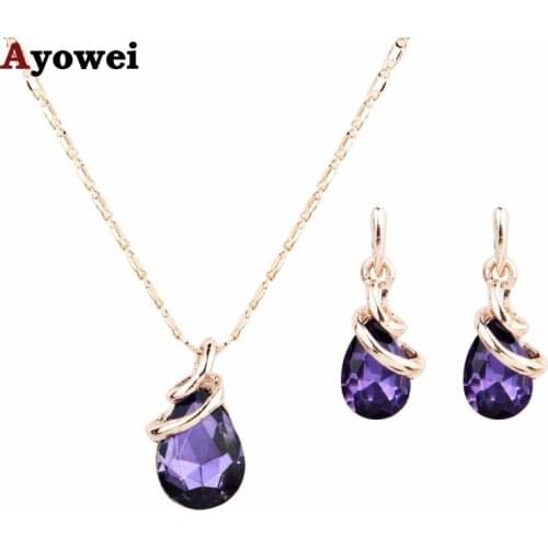 Ayowei Purple Crystal Zircon Rose Gold Set Spring Carnival Pendant Necklace Earrings Fashion Wedding Jewelry JS823A