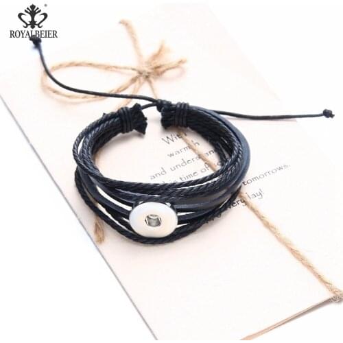 RoyalBeier 18mm Snaps Buttons Cuff Bracelets & Bangles Leather Weave Friendship DIY Bracelet For Charm Women & Men Jewelry