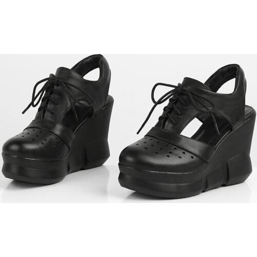 Fashion Sneakers Women Lace Up Cow Leather Platform Wedges High Heel Gladiator Roman Sandals Female Round Toe Summer Pumps Shoes