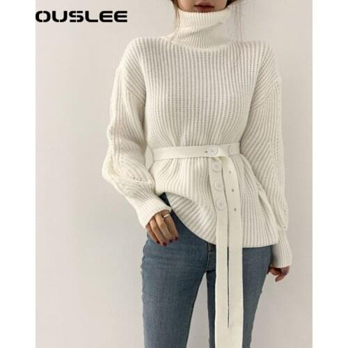 OUSLEE Chic Sweater Women Turtleneck Knitted Pullovers Tops Female Lantern Sleeves Thicken Warm Sweaters Fashion Femme Clothing