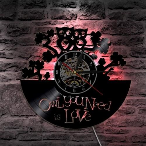 Owl Couple On The Branch Vinyl Record Wall Clock Modern LED Hanging Owl You Need Is Love Animal LED Night Light