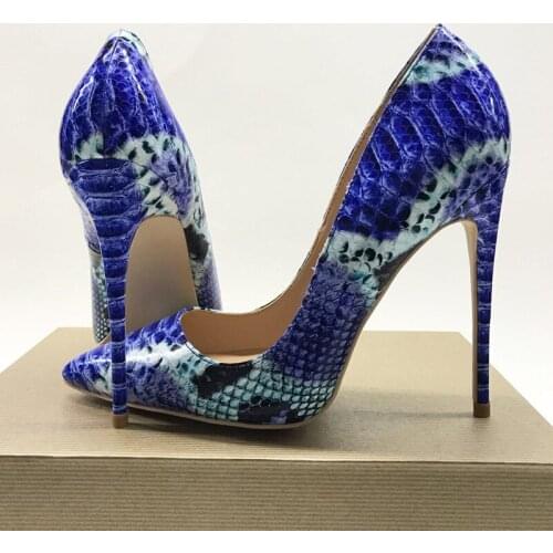 12cm Women Shoes Blue Snake Printed Toe Sexy Stilettos 10cm High Heels 8cm Pointed Toe Women Pumps YG014 CHENSIR9