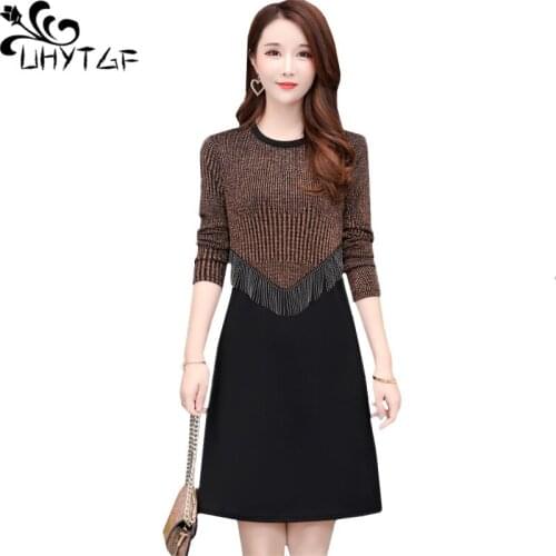UHYTGF 5XL plus size dresses womens fashion fringed stitching Spring dress long sleeve pullover elegant mini dress vestidos 1352