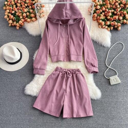 Fashion Womens Sweatshirt Hooded Zipper Long Sleeve Short Tops & Solid High Waist Wide Leg Shorts Female 2021 Autumn