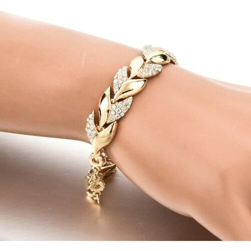 Vintage Braided Gold Color Zircon Leaf Crystal Chain Bracelets for Women Luxury Wedding Rhinestone Leaves Bangle Jewelry Gift
