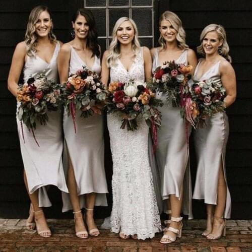 Vestido Longo Bridesmaid Dress 2020 V-Neck Tea-length Party Gown Robe Demoiselle D'honneur Womens Dress for Wedding Party