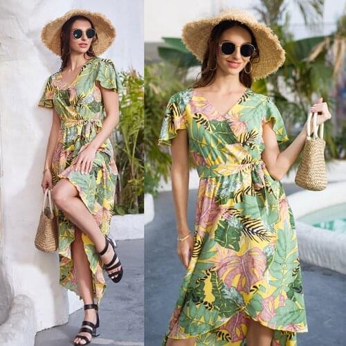 Women Summer Dress Slim Medium Length Printed Irregular Dress Casual Short Sleeve Floral Printing Chiffon Beach Female Dresses