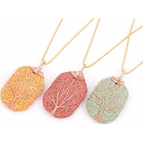2019 Gold Color Tree of Life Wire Wrap Oval Necklace & Pendant Reiki Natural Gem Stone Purple Blue Lava Volcanic Jewelry D354