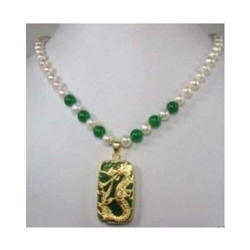 White pearl green jades dragon pendant Necklace and gift