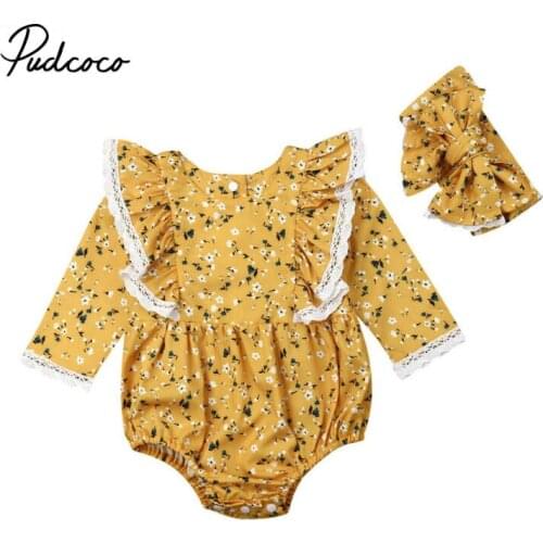 2019 new baby girl Yellow Color Tops Clothing Newborn Kids Baby Girls Outfits Clothes Lace Bodysuit+Flower Printed Headband Set