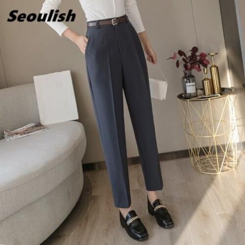 Seoulish Spring Summer 2021 New Formal Womens Harem Pants with Belted High Waist Female Workwear Elegant Ankle Length Trouses