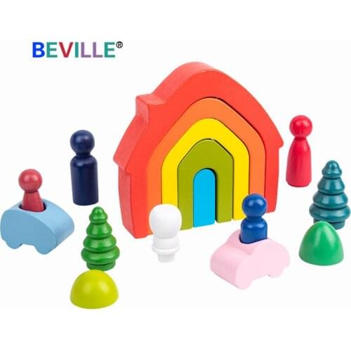 Wood Rainbow Rectangular Board House Natural Building Blocks Montessori Educational For Kindergarten Baby Stacked Balance Toys