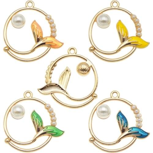 Julie Wang 4PCS Enamel Mermaid Tail Charms With Man-made Pearl Alloy Round Pendant Bracelet Jewelry Making Accessory 4 Colors