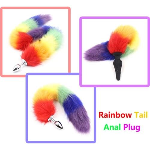Erotic Rainbow Colorful Anal Plug Tail Faux Tail Butt Plug Animal RolePlay Fox Tail Cosplay Adult Game Sex Toys for Woman