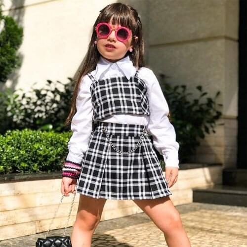 3Pcs Kids Girls Fashion Clothes Sets 2021 Summer Autumn Long Sleeve Lapel White Shirts + Vest + Chain Plaid Skirt Outfit 1-6Y