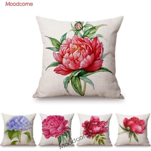 Red Rose Peony Hydrangea Bud Flower Sketch Lily of the Valley Cotton Linen Home Decorative Sofa Pillowcase Purple Cushion Cover