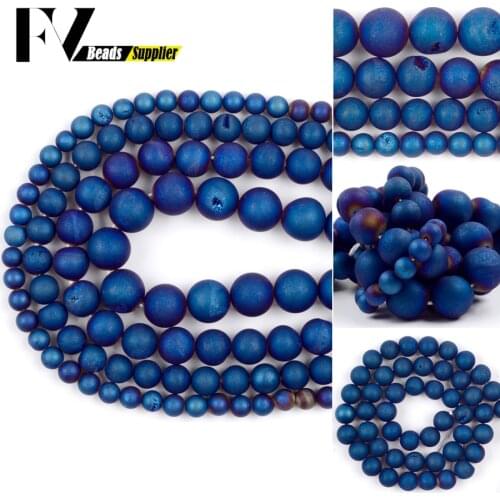Matte Round Natural Blue Druzy Agates Beads For Jewelry Making Metallic Coated Loose Beads Diy Bracelet Charms 6/8/10/12mm 15