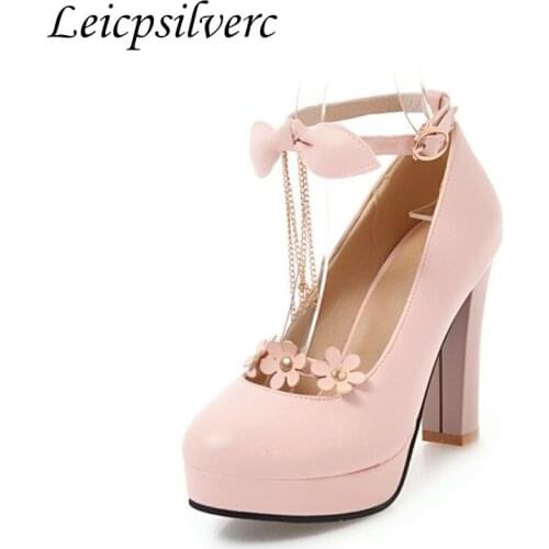 Spring and autumn fashion popular Sexy Buckle Bow Young woman root High heels Womens shoes Pu Single shoes Big size 34-43