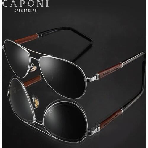 CAPONI 2020 Pilot Sunglasses Polarized UV400 High Quality Wooden Frame Sun Glasses For Men Luxury Brand Driving Eyewear CP409