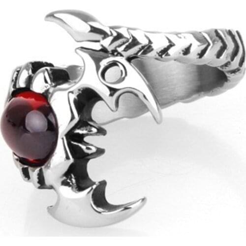 Men Man-made Red stone Scorpion Wrap Silver color 316L Stainless Steel Ring