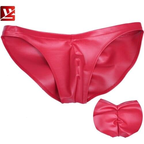 Soft Men Brief Jockstrap Double-Sided Faux Leather Bulge Underpants Erotic Underwear U Convex Bag Low Waist Shrink Crotch Briefs