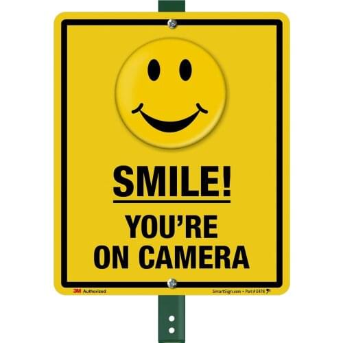 Smile You're On Camera Sign for Lawn|8" x 12" Reflective Aluminum Sign & 3' Tall Stake