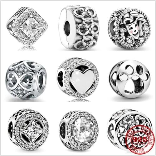 Genuine 925 Sterling Silver Round Clown Love flower pattern openwork paw Beads Fit Original Pandora Bracelet Charm Jewelry Gift