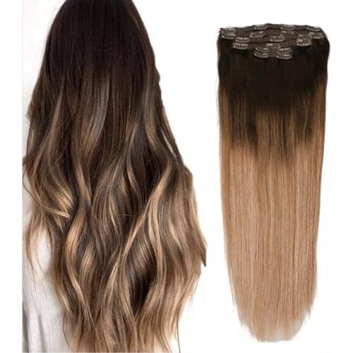 Toysww Clip in Human Hair Extensions Balayage Brown to Dirty Blonde 6pcs Remy Clip in Real Hair Extensions Straight