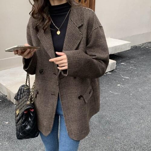 2021 Autumn Winter New Double-sided Cashmere Coat Womens Plaid Small Suit Short Retro Double-breasted Loose Woolen Coat