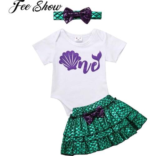 Baby Girl One Year Sequin Mermaid Dress 1st First Birthday Party Outfit Girl Short Sleeves Romper+Tutu Dress+Headband Baby Sets