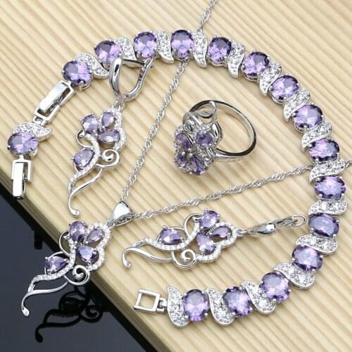 Romantic Women 925 Sterling Silver Bridal Jewelry Sets Purple Cubic Zirconia Earrings Rings Pendant Necklace Set Dubai Jewelry