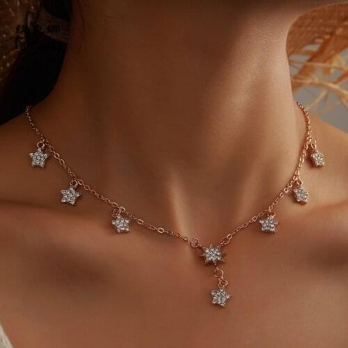 Tocona Luxury Shiny Rhinestone Star Pendanct Necklace for Women Bohemian Gold Color Alloy Metal Chain Choker Necklace 15236