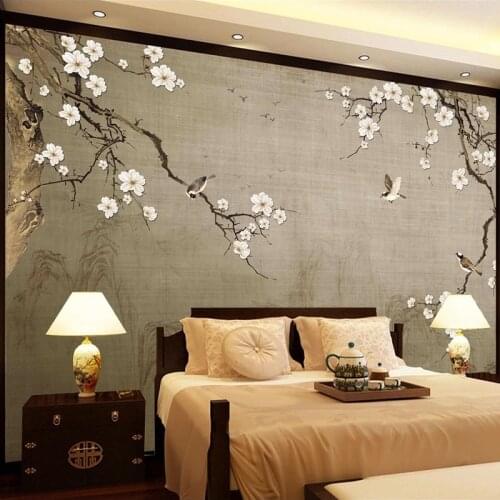 Custom Mural 3D Retro Hand Painted Plum Blossom Flower Bird Photo Wall Murals Bedroom Living Room Sofa TV Background Wallpaper