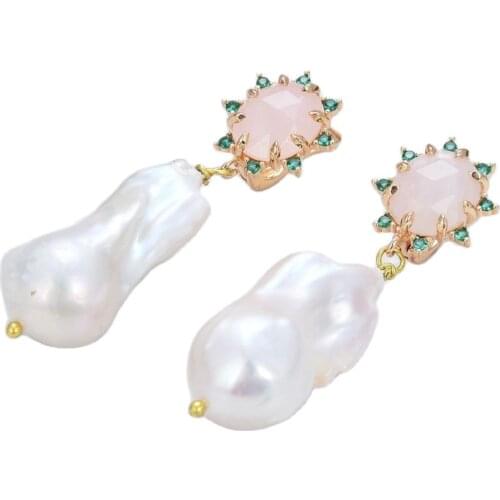 GG Jewelry Natural Pearl Natural Cultured White Keshi Pearl Rose Quartzs pave stud Earrings cute style for women lady jewelry