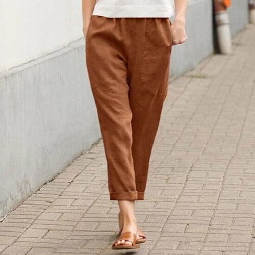 Cotton Linen Big Pocket Thin Womens Pants Solid Elastic Waist Pant For Women 2021 Summer Straight White Homewear Trousers
