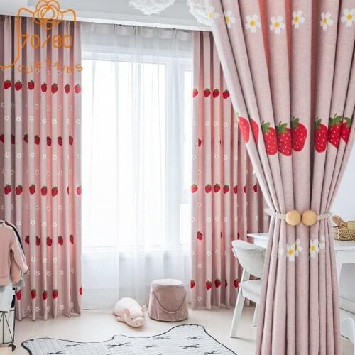 Childrens Room Pink Girly Style Cotton and Linen Strawberry Embroidered Curtains for Living Room Bedroom Finished Product