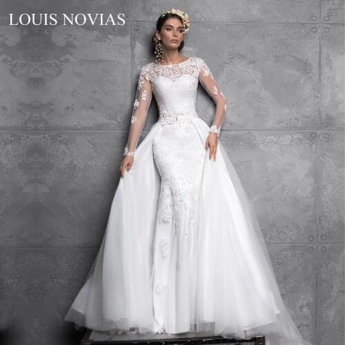 LOUIS NOVIAS Detachable Lace Mermaid Wedding Dress 2020 long sleeve ship neck open back Applique Wedding Dress