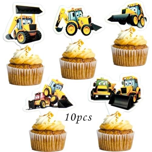 10/24pcs Construction vehicle excavator Cake Toppers for Boys Happy Birthday Party Cupcake Topper Fireman Plane Train Toppers