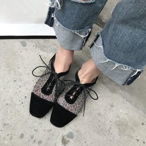 PXELENA Thick Chunky Low Heels Gladiator Pumps Women Shoes Lace Up Mesh Breathable Casual Comfort Shoe Square Toe Female 34-43