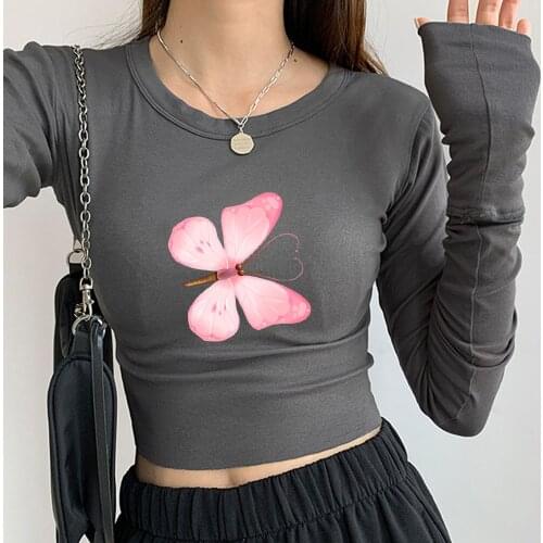 Oversize Butterfly Crop Tops Long Sleeve Women Cotton Two-piece Suits for Girls Aesthetic Harajuku T Shirt Vintage Jogging Femme