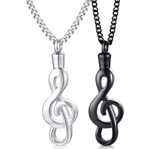 Unique Music Note Urn Necklaces for Men Black and Silver Color Tone Stainless Steel Keepsake Gift Female Collar