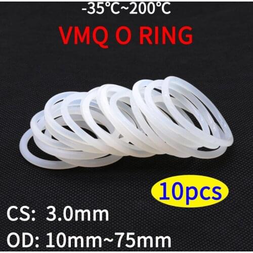 10pcs VMQ O Ring Seal Gasket Thickness CS 3mm OD 10 ~ 75mm Silicone Rubber Insulated Waterproof Washer Round Shape White Nontoxi